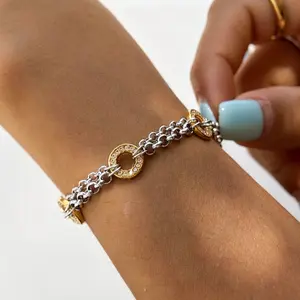 Luxury Two-Tone 18K Gold Silver Plated Cubic Zirconia Stackable Bracelets for Women, Tarnish Resistant Stainless Steel Hypoallergenic Elegant Daily Jewelry