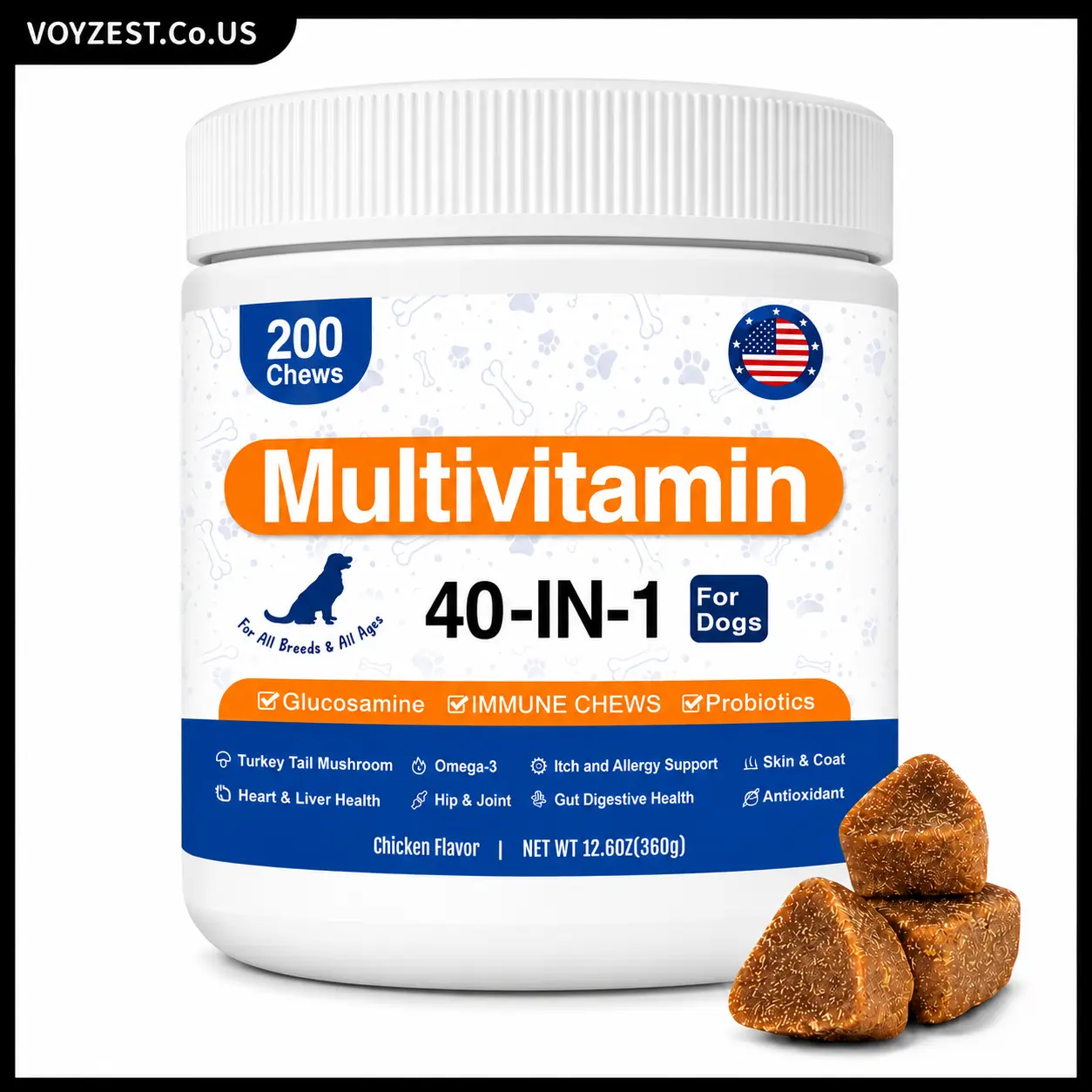 40-in-1 Dog Multivitamin Soft Chews, Glucosamine Probiotics Turkey Tail Mushroom Supplement, Immune Joint Gut Skin Allergy Support, Chicken Flavor 200 Chews Made in USA for All Breeds & Ages 24-month shelf life