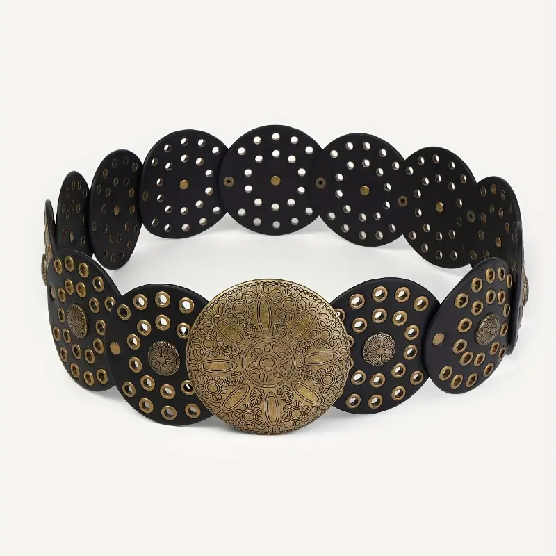 Casual Vintage PU Belt for Women, Featuring Hollow Sequins & a Round Gold Buckle for Festive Parties, Festive Party, Pu Panel, Casual Belt, Female Wear, Waistbelt, Circular Shape