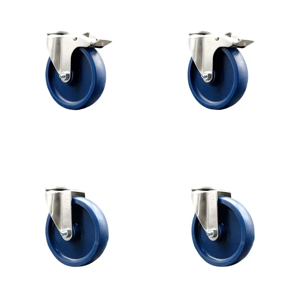 Service Caster SCC-SS316BHTTL20S514-SPUS-2-S-2 Solid Polyurethane Swivel Bolt Hole Caster with 5 in. Blue Caster Wheels - 316 Stainless Steel Casters - Set of 4