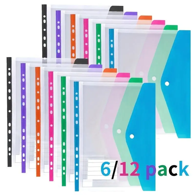 6/ 12 Pack Binder Pockets, Back To School For 2/ 3/ 4 Ring Binder, Binder Folders With Snap Button And Label, Expandable Plastic Envelopes Binder Organizer Folders With 11 Holes For School Office Home