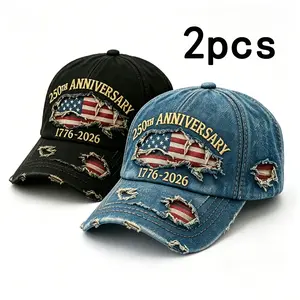 2-piece 250th Anniversary Baseball Cap Set, USA 1776-2026, patriotic fashion casual style, perfectly paired with ripped jeans and an embroidered map of the United States.