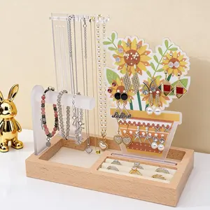 Sunflower Acrylic Jewelry Organizer Stand with Wood Base, Earring Necklace Bracelet Holder and Ring Tray