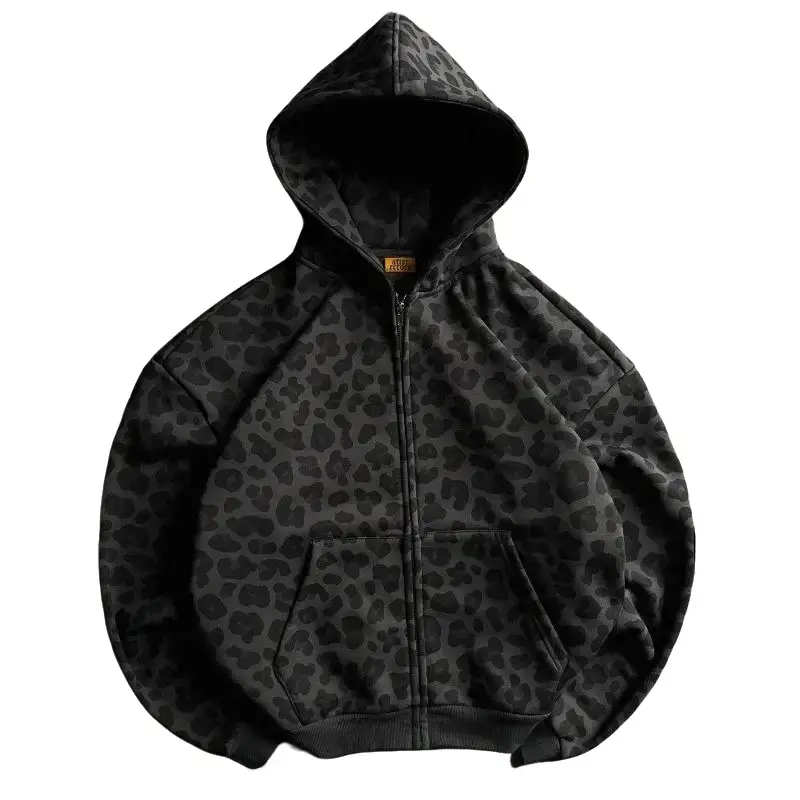 Fashion Zipper Hoodie Leopard Print Pattern Sweatshirt Streetwear Retro Dark Clean Fit Unisex Boxy