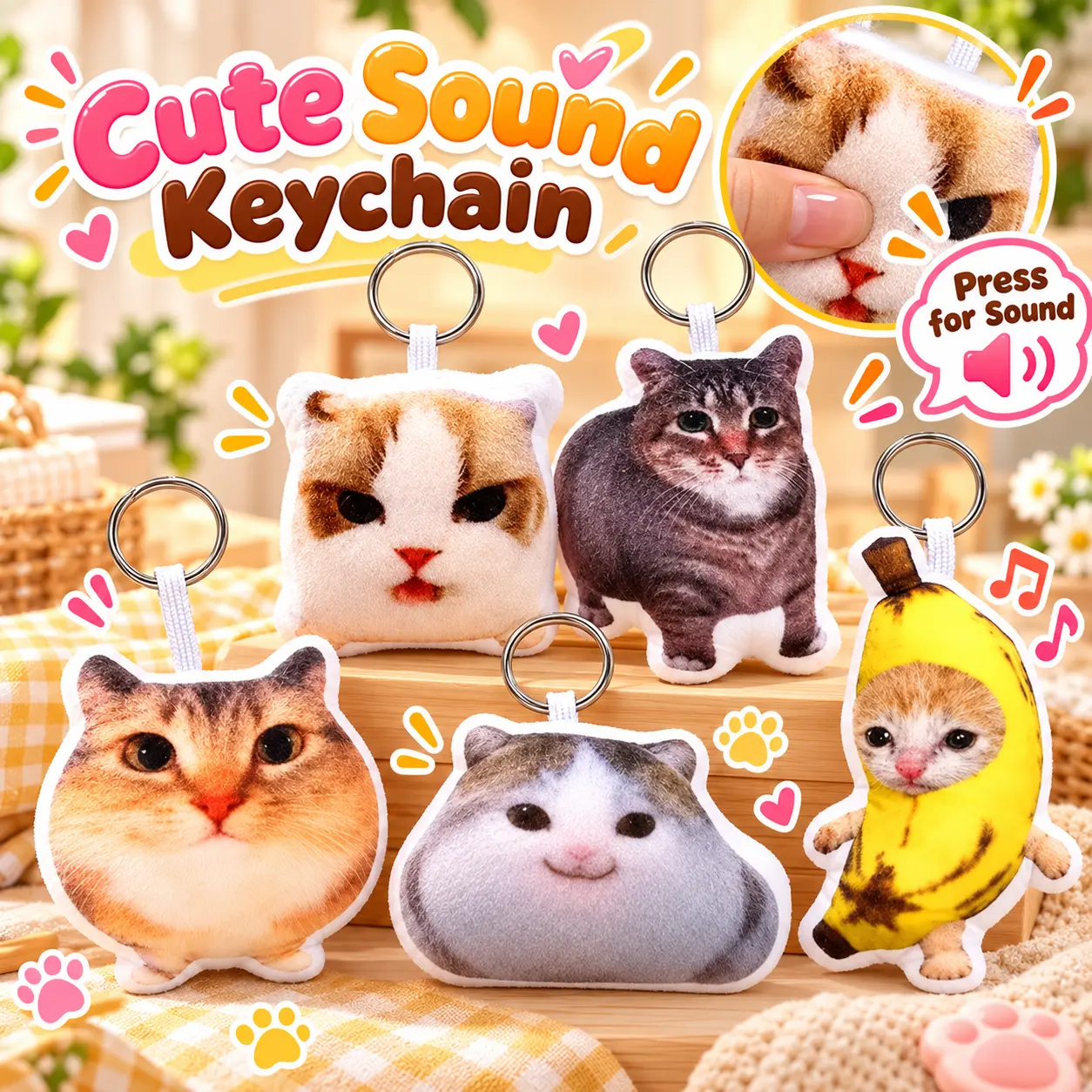 Squeaky Cat Keychain Plush Toy, Meme Cat Sound Making Pendant, Cute Stuffed Kitten Key Ring, Squeeze Activated Sound Toy, 5 Styles Available, Backpack Bag Charm, Funny Gift for Cat Lovers