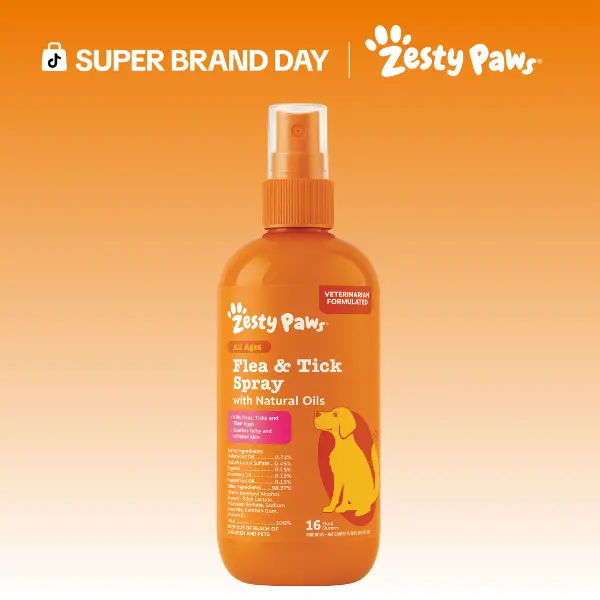Zesty Paws Flea & Tick Natural Soothing Spray for Dogs 16 fl oz Vet-Formulated with Clean Cedarwood Rosemary & Peppermint Oils