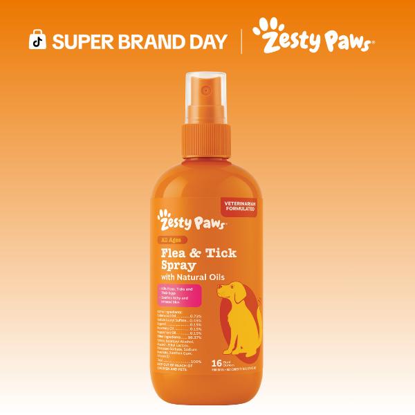 Zesty Paws Flea & Tick Natural Soothing Spray for Dogs 16 fl oz Vet-Formulated with Clean Cedarwood Rosemary & Peppermint Oils
