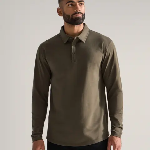 BYLT Basics Men's Drop-Cut Long Sleeves LUX Polo Top - Soft Stretch Fabric Shirts