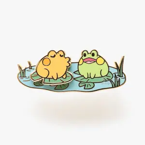 Kissing Frogs Sliding Hard Enamel Pin - Approx. Size 2.375" Wide & 1" Tall, Gold Finish, Two Green PVC Rubber Clasps, New Quality