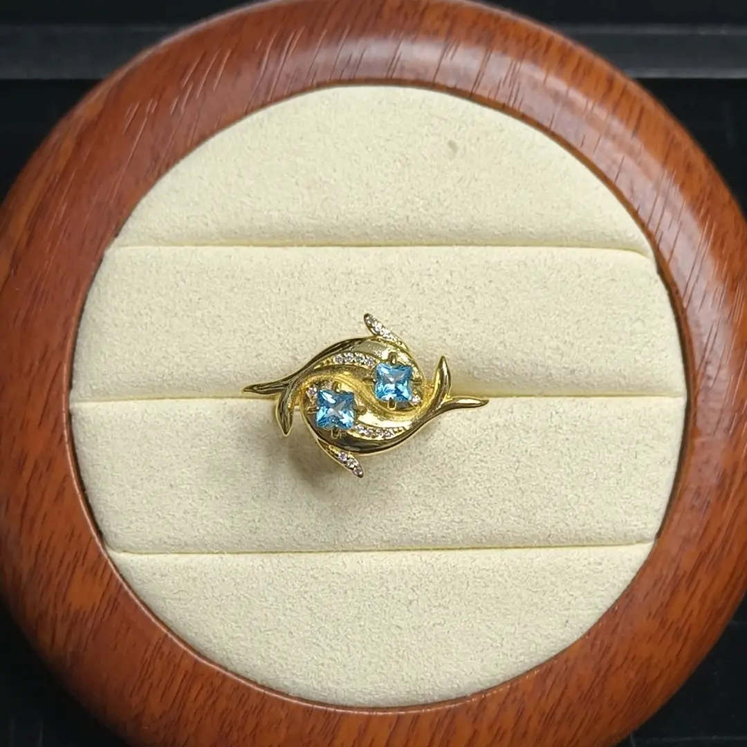 Aurora(21735)gc.Gold‑Tone Dolphin s925 Ring with Blue Gemstones, Stylish Daily Wear Jewelry