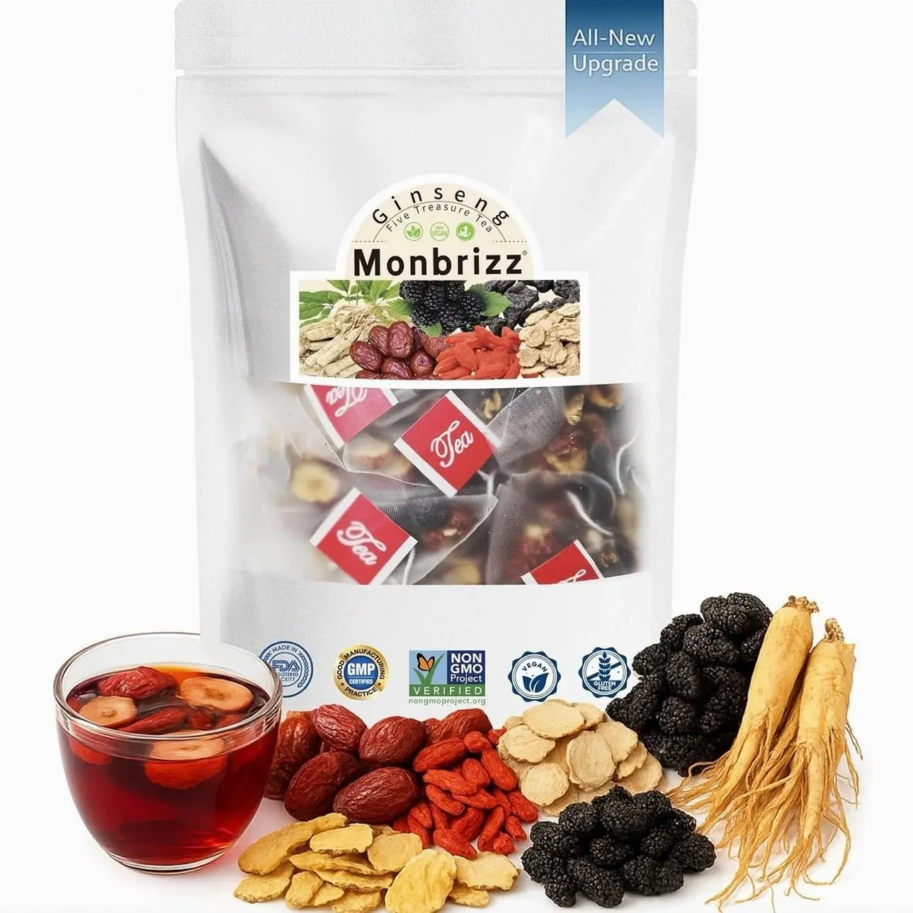 Monbrizz Kidney Tea Formula — 40 Count Value Pack, Ginseng Six Treasure Tea with Maca Root, Goji Berries, Red Dates & Turmeric, Caffeine-Free Herbal Tea for Daily Wellness (20 Count)