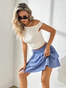 American Streetwear Blue Gingham Sporty Mini Skirt, Tennis Skirt - Drawstring Elastic Waist Ruffle Y2K Coquette Active Skirt