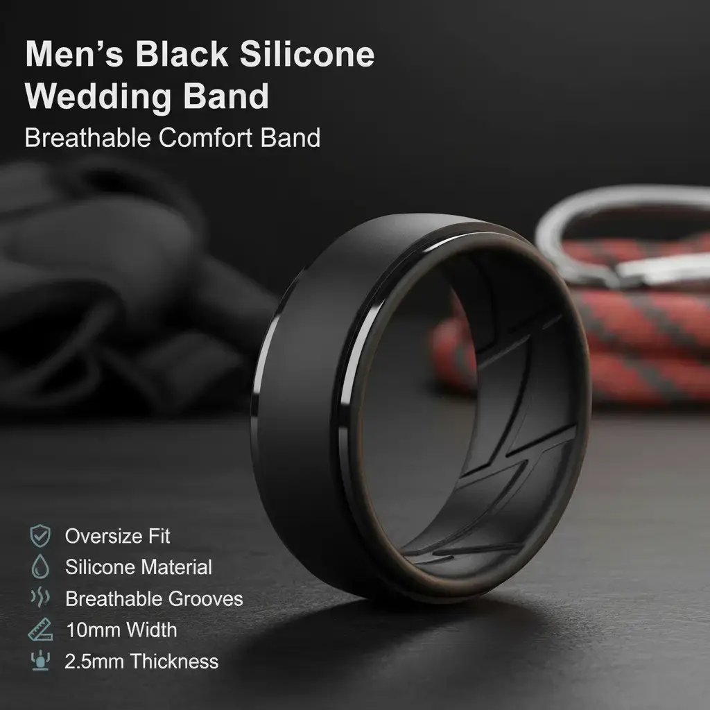 Black Oversize 7-16 Step Edge Men's Silicone Wedding Rings 10mm Wide 2.5mm Thick Rubber Bands With Breathable Grooves Engagement Ring