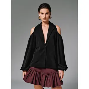 URBAN REVIVO 2026 Spring Women's Basic Cold Shoulder Blazer Top - Polyester Fabric, Notched Lapel, Long Balloon Sleeves, Button-Down, Stylish Casual, Fits Most, UWJ150101