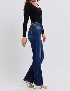 Judy Blue Mid-rise Non-distressed Hem Straight Leg Jeans Style #82622 Fray Hem Pocketed Stretch Denim Raw Hem 5-pocket Styling All Seasons Bootcut Jeans Dark Wash Women's