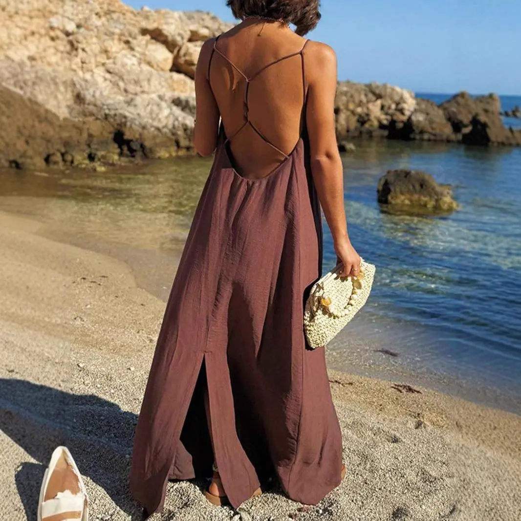 Women's Boho Backless Spaghetti Strap Dress, Sexy Sleeveless Long Vacation Dress, Solid Color Flowy Resort Maxi - TikTok Shop Women's Boho Backless Spaghetti Strap Dress, Sexy Sleeveless Long Vacation Dress, Solid Color Flowy Resort Maxi - TikTok Shop