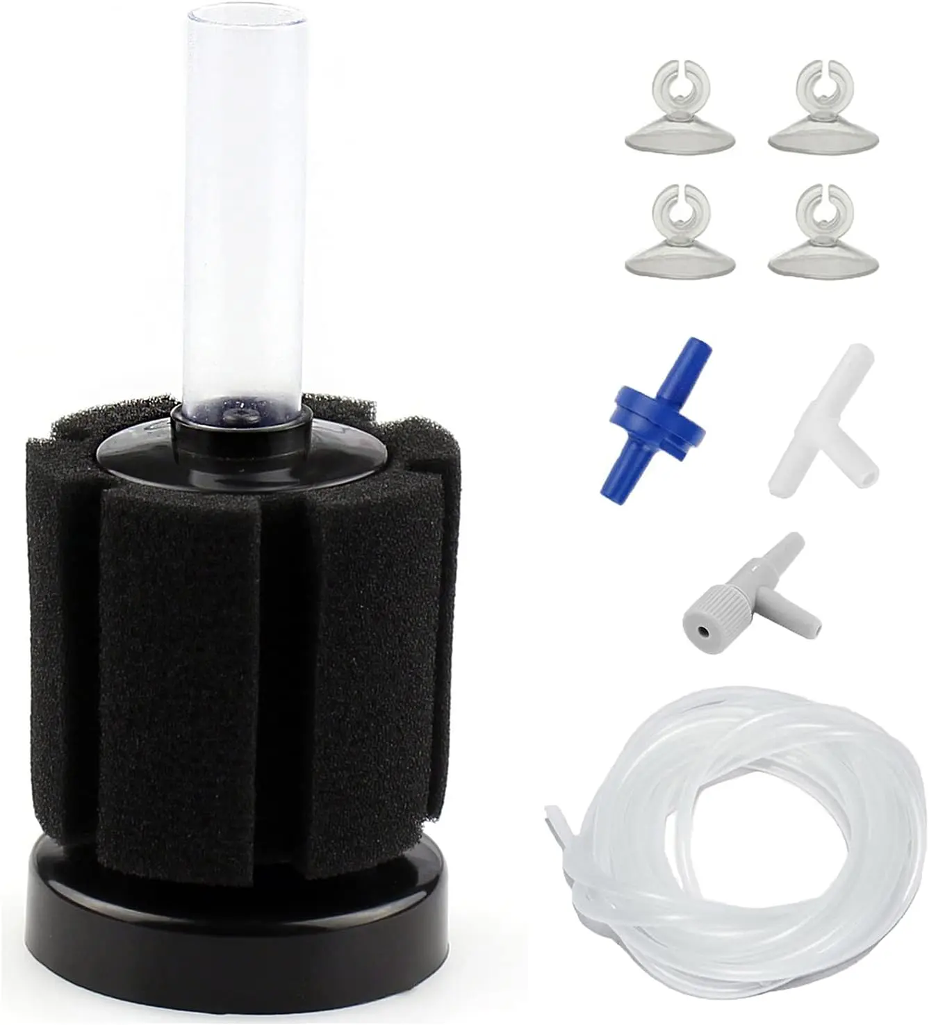 Aquarium Air Powered Sponge Filter, Fish Tank Bio Bubble Filter with Airline Tubing, Valves, Suction Cup(up to 10Gal)