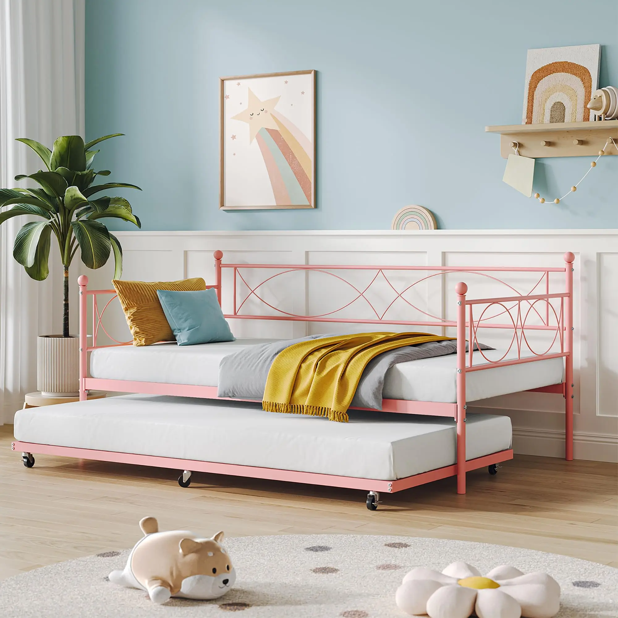 Garvee Twin Metal Daybed with Trundle Pull (Pull-Out Bed), Arched Headboard, Steel Slat Support, No Box Spring Needed, Tool-Free Easy Assembly, Space-Saving Sofa Bed Frame for Living Room, Bedroom (Multiple Colors)