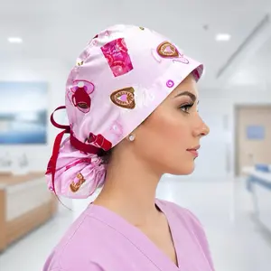 Surgical Scrub Cap with Ponytail Pouch for Long Hair Nurse Uniform Hat for Operating Room Surgeon Cap - Pink with Coffee Cups