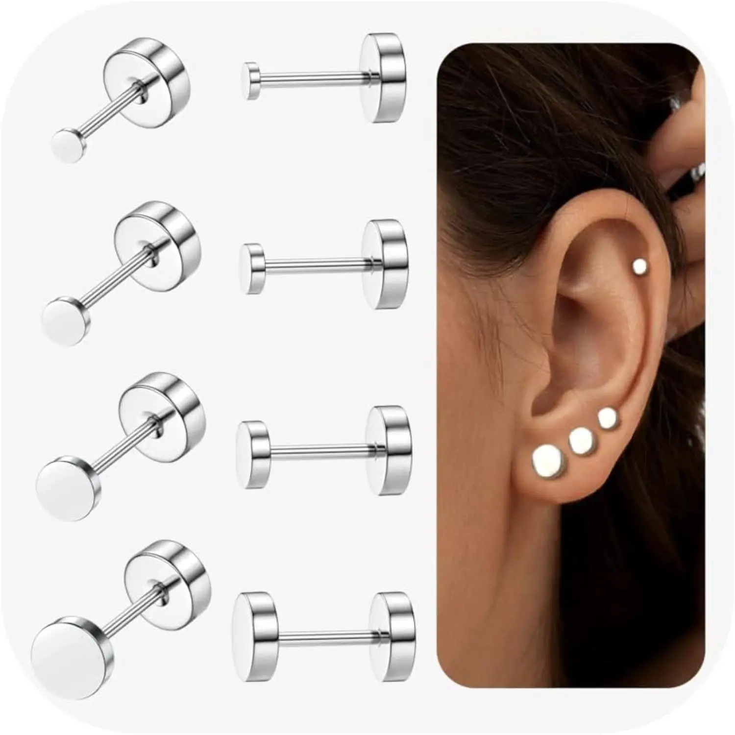 YADOCA 4 Pairs G23 Titanium Earrings for Women Men Flat Back Earrings Hypoallergenic Small Cubic Zirconia Ball Stud Earrings Set Silver Sleeper Cartilage Earrings for Multiple Piercings 2/3/4/5MM