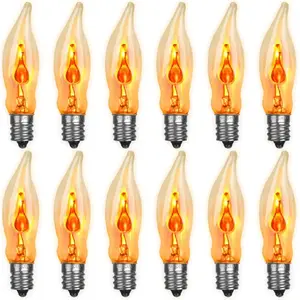 Halloween Flickering Light Bulbs 12 Pack C18 Flickering Flame Light Bulbs E12 Base Flickering Flame Bulbs 1 Watt/120  for Halloween Candelabra Window Candle Lamp Halloween Replacement Bulbs