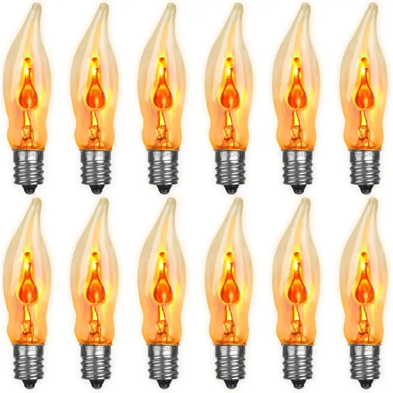 Halloween Flickering Light Bulbs 12 Pack C18 Flickering Flame Light Bulbs E12 Base Flickering Flame Bulbs 1 Watt/120  for Halloween Candelabra Window Candle Lamp Halloween Replacement Bulbs