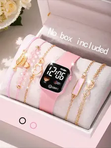 6/1pc Elegant And Lovely Children's Pink Digital Watch And Leaf Bracelet Set, Perfect For A Girl's Gift, A Surprise For Mom, Mother's Day Fashion Watch