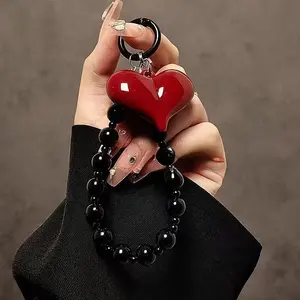 Red Heart Charm Beaded Phone Chain Wrist Strap - Durable ABS Resin DIY Craft Accessory with Metal Clasp, Stylish and Functional for Phone Protection, Wrist Strap for Phone, Phone Accessory, Heartshaped Charm, Metal Clasp Attachment