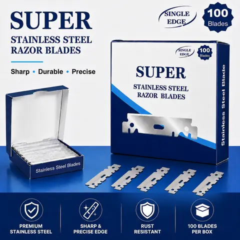 Unisex 100pcs Single-Edge Half-Edge Stainless Steel Blade Refill Set, Sharp Rust-Resistant for Straight Blade Razors, Traditional Manual Razors, Professional Barber Supplies for Haircuts