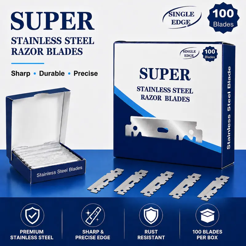 Unisex 100pcs Single-Edge Half-Edge Stainless Steel Blade Refill Set, Sharp Rust-Resistant for Straight Blade Razors, Traditional Manual Razors, Professional Barber Supplies for Haircuts
