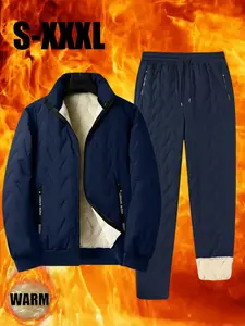 Men's Fleece-Lined Casual Set, Warm Zipper Jacket and Pants for Winter Sports, Waterproof and Windproof Outdoor Wear, Thermal Lined Tracksuit