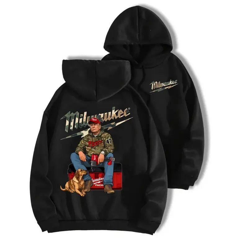 Milwaukee Trump Camo Hoodie – Classic Casual Long Sleeve Menswear for Dog Hunt Fuel Hand Drill and Graphic Tee Sweatshirts Tops