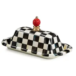 MACKENZIE-CHILDS Enamel Butter Box, Cute Lidded Butter Dish, Black-and-White Courtly Check