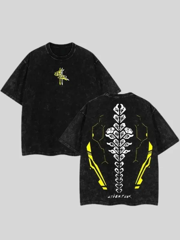 Cyberpunk 2077 Anime Double Printed Vintage Washed Tee Unisex Oversize Anime Manga Washed Heavyweight Cotton T-shirt, Gift For Anime Fan, Anime Lover Menswear Top Tshirt Streetwear Oversized Crewneck Tropical Casual