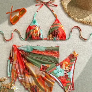 Women's 2026 New Floral Print 3-Piece Bikini Set - Beach Vacation Swimwear, Waist Tie, Sexy Cut-Out Design, Comfortable Fit