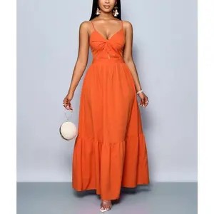 Women's Striped Back Smocked Maxi Dress Sexy Long Dress Women's Romantic Orange Beach Vacation V-Neck Cami Long dress Fit Sleeve Casual Womenswear Ruffle Twist Skirt Denim Jacket Chic Piece Essential Spaghetti Strap Glam Style Strappy Stretchy Fabric