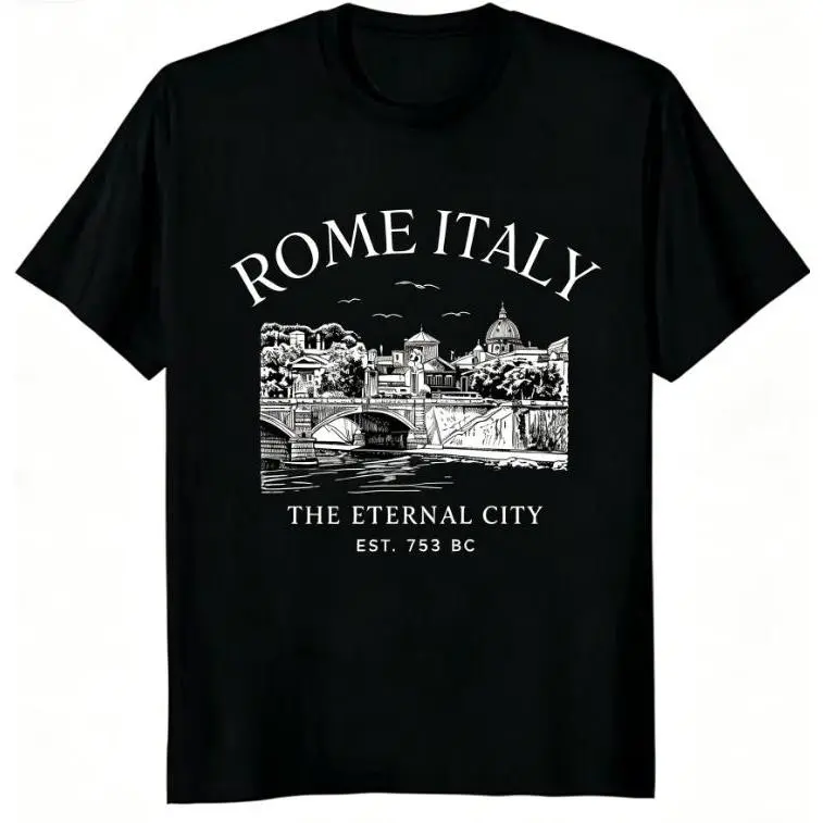 Women's 100% Cotton Short-Sleeve Casual Round Neck Rome Italy The Eternal City Vintage Travel Graphic Tee, Skyline Print Tops Clothes