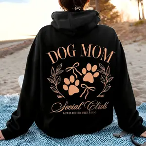 Women's 100% Cotton Hoodie - Dog Mom Graphic Pullover Sweatshirt, Brown Pet Lover Apparel with Paw Print & Special Club Quote