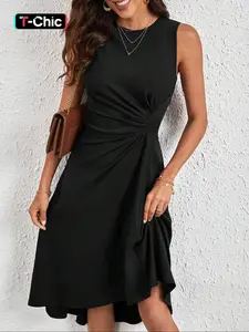 Women's Plain A Line Dress, Minimalist Elegant Sleeveless Round Neck Short Dress for Party Holiday Wedding Guest, Ladies Summer Clothes, Womenswear, Elegant Fit Dress, Elegant Dresses, Formal Dresses Women