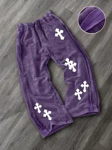 Men's washed cotton straight-leg trousers with cross print, casual and stylish, comfortable and close-fitting, suitable for everyday wear, Casual Streetwear Pants