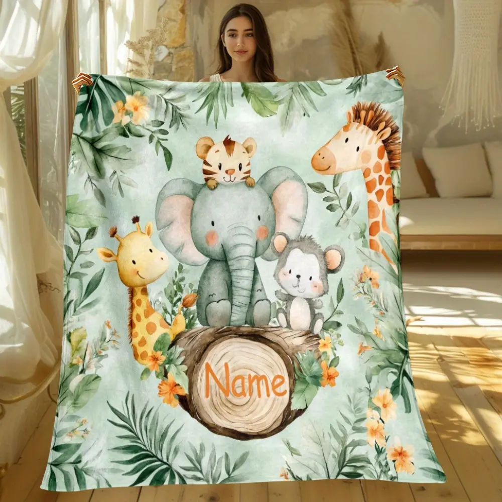 1pc Custom Name cute animal Flannel Throw Blanket - Soft Polyester Fiber, Machine Washable, Chunky Knit All-Season Fleece for Sofa, Bed, Travel, Camping, Living Room, Office - Personalized Warm Gift for Family Friend