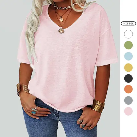 Imily Bela【XL-5XL】 Womens Plus Size Tops Summer Short Sleeve V Neck T Shirt Loose Casual Tunics Blouses Womenswear Curvy
