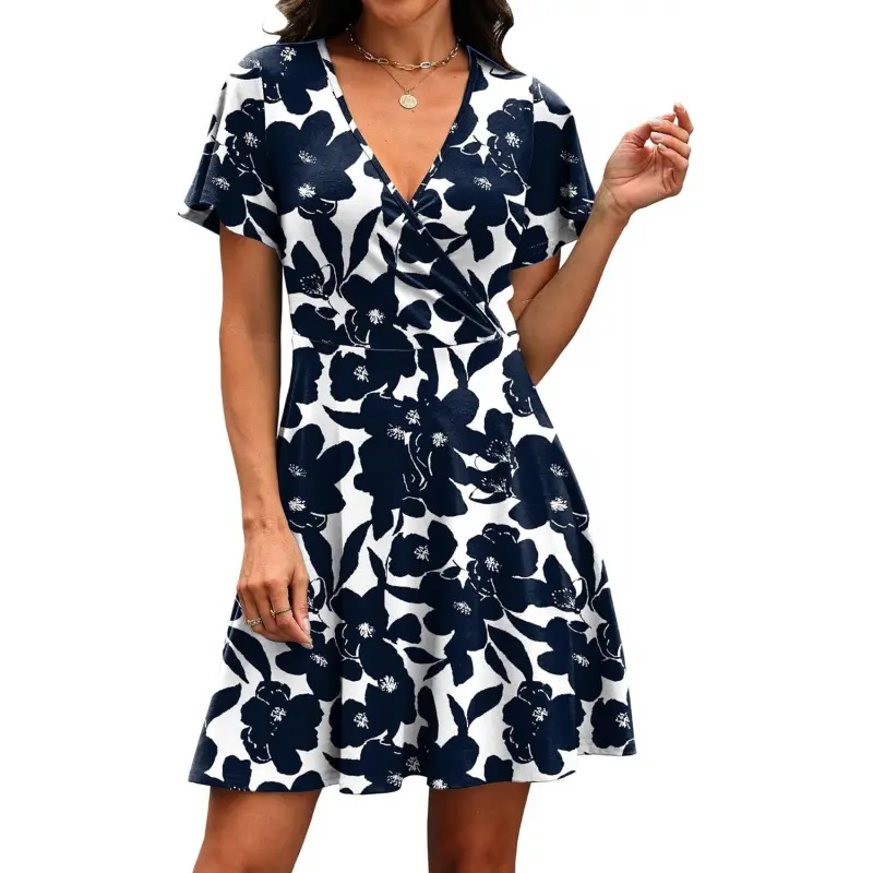 Women's Casual Woven Wrap V-Neck A-Line Ruffle Sleeve Silk Touch Midi Dress - Lady's Silky Smooth Uniform Fabric, Lightweight, Breathable, Outdoor Summer Dress, Flowing Drape, Loose Hip Fit, Wrap Closure, Easy Footwear Matching