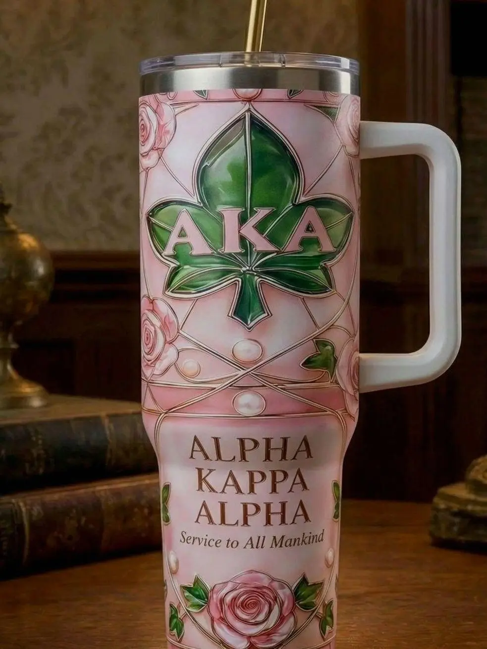 Alpha Kappa Alpha Tumbler with Handle – AKA Sorority Luxury Mug, Pink & Green Stainless Steel Cup, Perfect AKA Gift