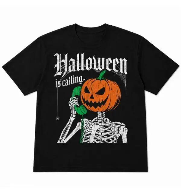 Halloween Is Calling T-Shirt, Funny Skeleton Pumpkin Phone Graphic Tee, Vintage Retro Spooky Season Shirt, Cute Horror Skeleton Art Design, Trendy Halloween Humor Apparel, Bold Gothic Text Style, Perfect Gift For Men and Women
