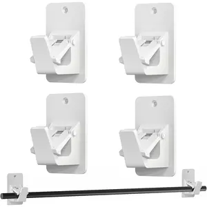 No Drill Curtain Rod Brackets, Universal Curtain Rod Holder, 4 Pack Self Adhesive Curtain Rod Bracket Heavy Duty 30 LB,  Free Curtain Rod Bracket for Bathroom, Bedroom, Livingroom, Kitchen, White