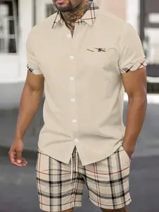 Men's Plaid Print Shirt & Cargo Shorts 2-Piece Casual Set - Trendy Streetwear