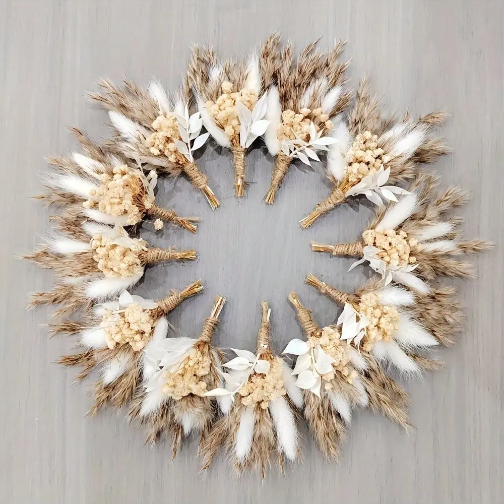 Mini Pampas Grass Artificial Flowers Bouquet - 6PCS/12PCS Maintenance-Free Neutral Tone Mini Bouquets Boxed Set, Boho Faux Florals for Wedding Favors, Room Decor, DIY Crafts