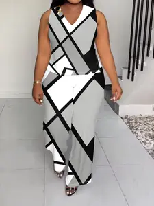 Plus Size Women 2 Piece Outfit Color Block Geometric Sleeveless Top & Wide Leg Pants Set Summer Chic Casual Womenswear