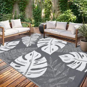 Outdoor Patio Rug， Waterproof Plastic Straw Rug Reversible UV Resistant Camping Mat, Leaf Foldable Lightweight RV Picnic Mat with Portable Bag, Modern Leaf Carpet for Yard